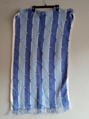 Handmade blue/white knitted crocheted baby blanket w/fringe 29" x 49"